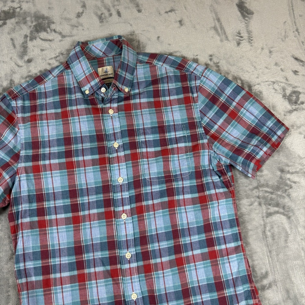 Johnnie-O Button Up Shirt Hangin Out Short Sleeve Plaid Mens Medium Beach Surf
